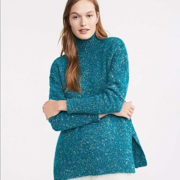 Lou & Grey Teal Sprinkle Confetti Side Slit Turtleneck Chunky Sweater - Picture 1 of 13